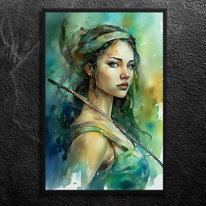 Artemis Portrait: Goddess of Hunt and Animals - Confident and Independent - Nature, Blues, Greens - Greek Mythology Wall Art Print, Unframed