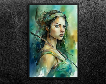 Artemis Portrait: Goddess of Hunt and Animals - Confident and Independent - Nature, Blues, Greens - Greek Mythology Wall Art Print, Unframed