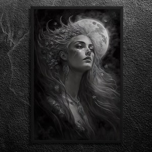 Selene Portrait - Greek Lunar Goddess (II): Tranquility and Introspection, Full Moon and Stars, Monochrome - Mythology Wall Art, Unframed