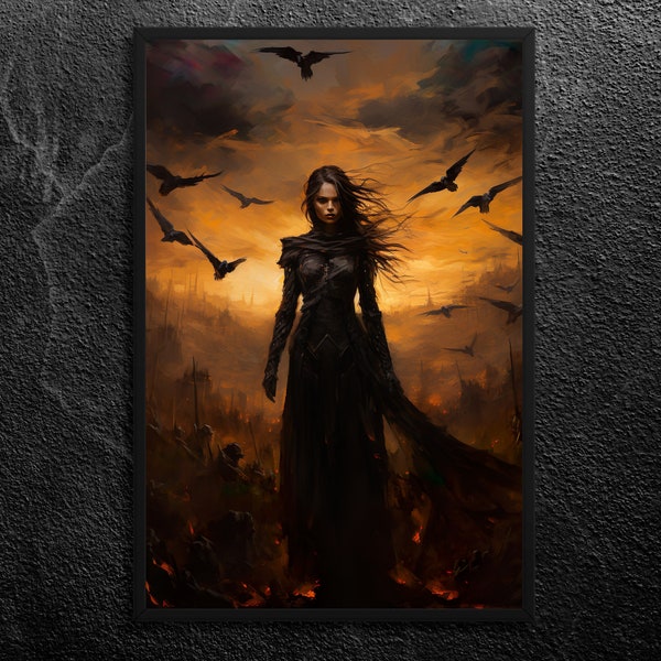 The Morrigan: Battlefield Influence - Goddess of War, Death, and Fate - Battle Sunset, Crows Flying, Celtic Goddess Wall Art Print, Unframed