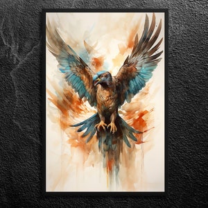 God Horus&#39; Majestic Sky Dominion: Falcon Flight - Turquoise and Sepia Watercolor, Ancient Egypt Mythology Wall Art Print, Unframed
