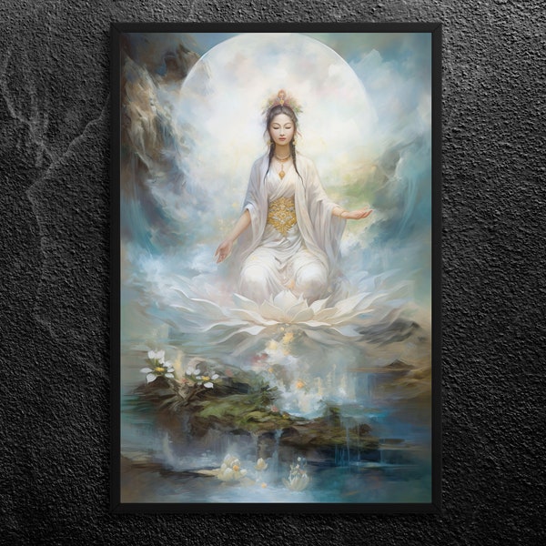 White Tara by a Mountain Lake: Bodhisattva Goddess of Healing, Mercy, and Empathy - Tibetan Buddhism White Lotus Wall Art Print, Unframed
