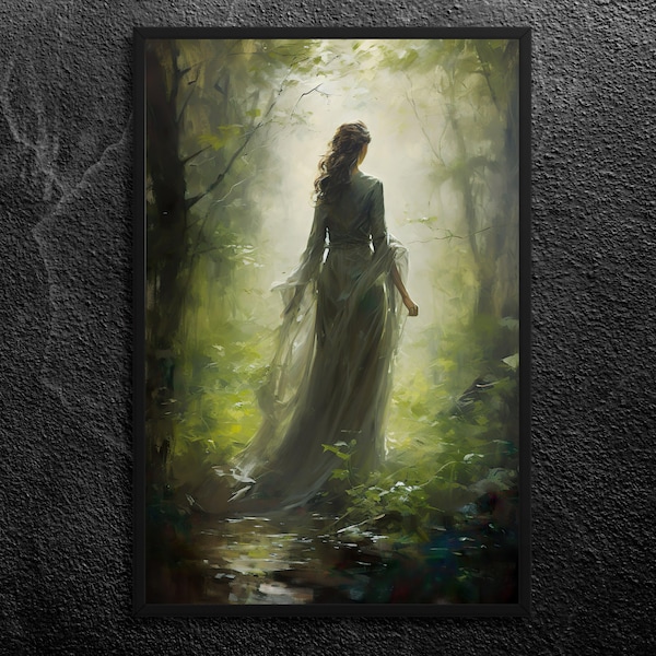 Danu Walking in Enchanted Forest Light: Goddess of Growth and Abundance, Walking in Nature - Irish Mythology Wall Art Print, Unframed