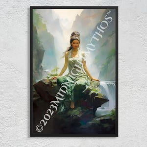 Tara Verde: Bodhisattva della Compassione, Protettore e Salvatore dalla Sofferenza - Montagne e Cascata, Stampa Artistica da Parete di Tradizione Buddista, Senza Cornice
