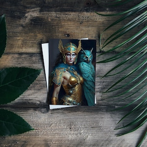 Lesezeichen Athena 15x18 Uhr: Kriegerin Die Griechische Göttin, volle Rüstung mit Eule - Kommandierend, Türkis und Gold - Wohnkultur - Griechische Mythologie Postkarte