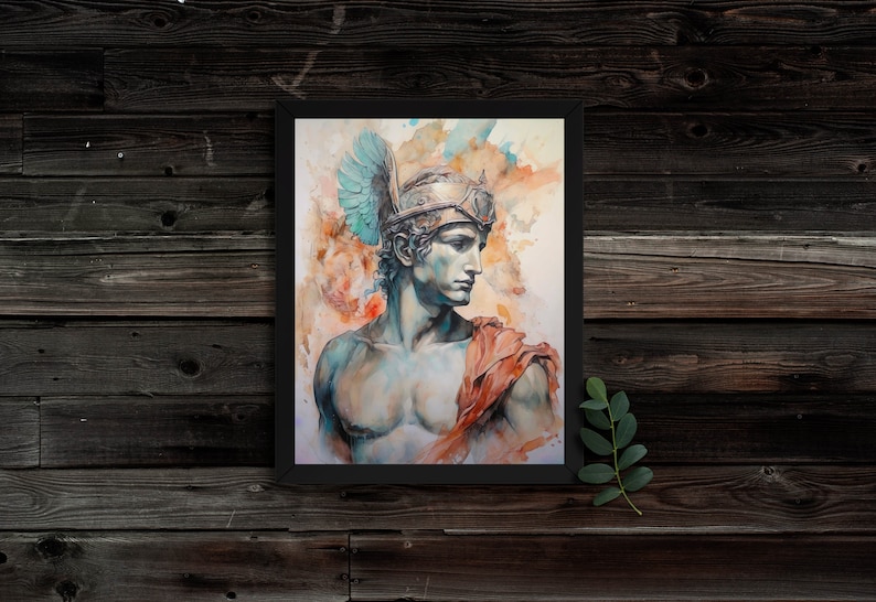 Hermes: Winged Messenger of Olympus Greek God Portrait, Divine Communication, Adventure Spirit, Classical Mythology Art Print, Unframed image 2