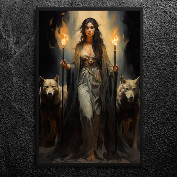 Guardian of the Night: Hecate with Torches and Watchful Wolves - Guide and Protector in Shadows - Greek Mythology Wall Art Print, Unframed