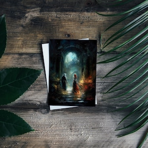 Persephone und Hades 5x7 Lesezeichen: Erkundung der Unterwelt - Licht und Schatten Kunstdruck - griechische Mythologie Postkarte
