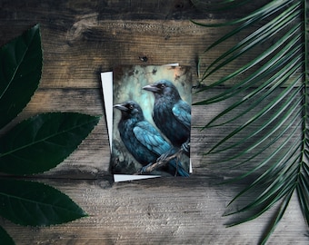 Intelligent Ravens Perched 5x7 Bookmark: Blue Illustration - Wiccan Magic, Spiritual, Death, Rebirth, Transformation - Art Print Postcard