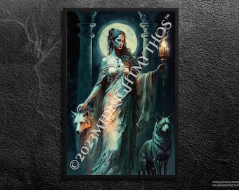 Hecate - Gothic Full Moon, Wild Dogs, Torch - Guide in the Afterlife - Light and Darkness - Art Print - Greek Mythology - Wall Art, Unframed