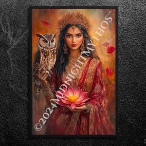 Impressão artística de Lakshmi: Deusa hindu da riqueza, coruja e lótus, arte de parede (sem moldura)
