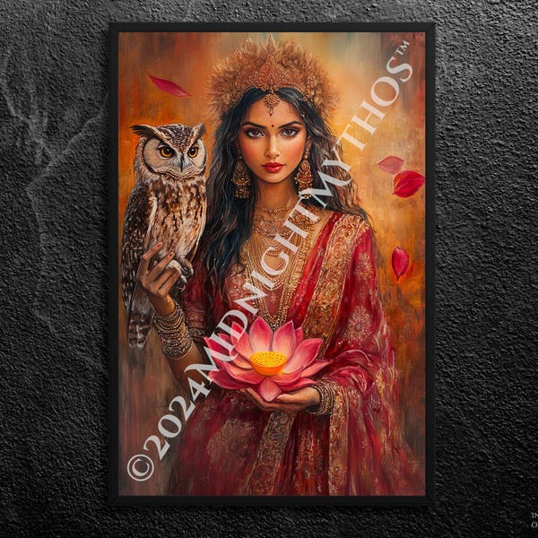 Impressão artística de Lakshmi: Deusa hindu da riqueza, coruja e lótus, arte de parede (sem moldura)