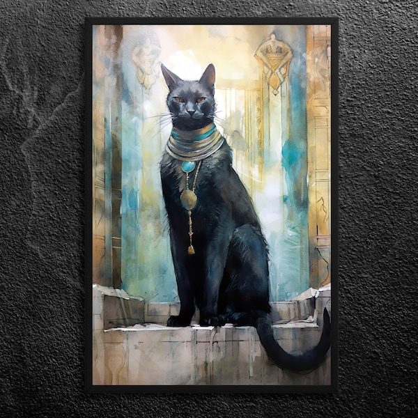 Feline Bastet: Domestic Protector - Teal and Gold Illustration with Watercolor - Egyptian Mythology Art Print, Unframed