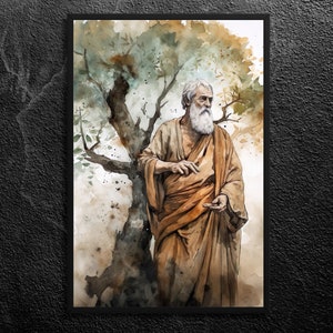 Tree of Knowledge: Plato Portrait in Watercolor and Acrylic Oil - Ancient Philosopher, Sepia Wall Art Print, Unframed