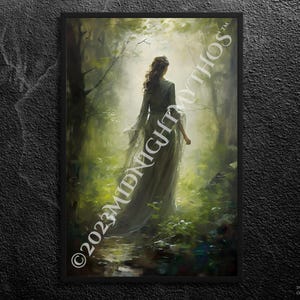 Danu Walking in Enchanted Forest Light: Goddess of Growth and Abundance, Walking in Nature - Irish Mythology Wall Art Print, Unframed