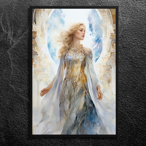 Freya in her Grand Hall Sessrúmnir within Fólkvangr: Divine Goddess of Radiant Love, Ethereal Beauty - Norse Mythology Art Print, Unframed