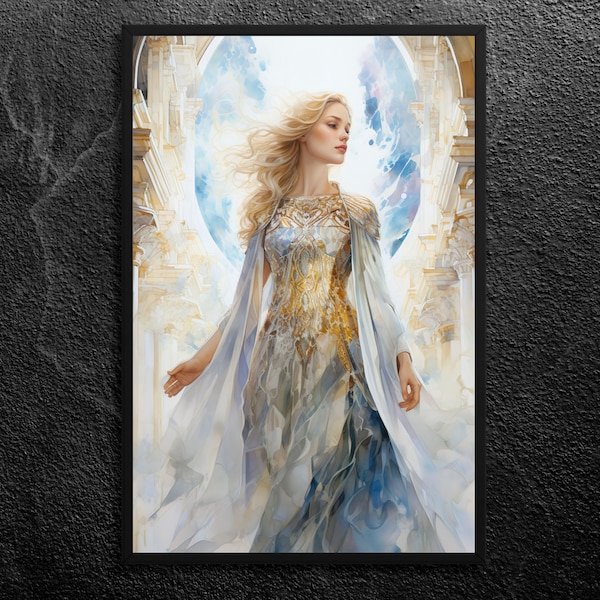 Freya in her Grand Hall Sessrúmnir within Fólkvangr: Divine Goddess of Radiant Love, Ethereal Beauty - Norse Mythology Art Print, Unframed