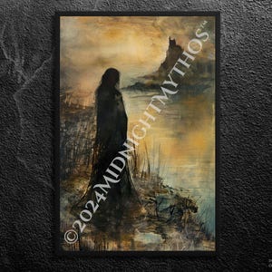 Morgan Le Fay at Avalon's Shore: Zauberin, geheimnisvolle Magie mit Blick auf Camelot - Artuslegende Morgana Kunstdruck, ungerahmt
