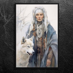 Celtic Winter&#39;s Guardian: The Cailleach - Ageless Protector of Seasons, White Wolf -  Irish Goddess of Winter and Cold - Art Print Unframed
