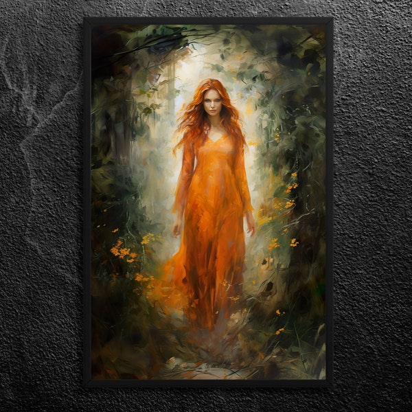 Lilith verlässt den Garten Eden: Erste Rebellin, Autonomie, Unabhängigkeit und Ermächtigung - Feurige Orange, Mythologie, Wandkunst, ungerahmt