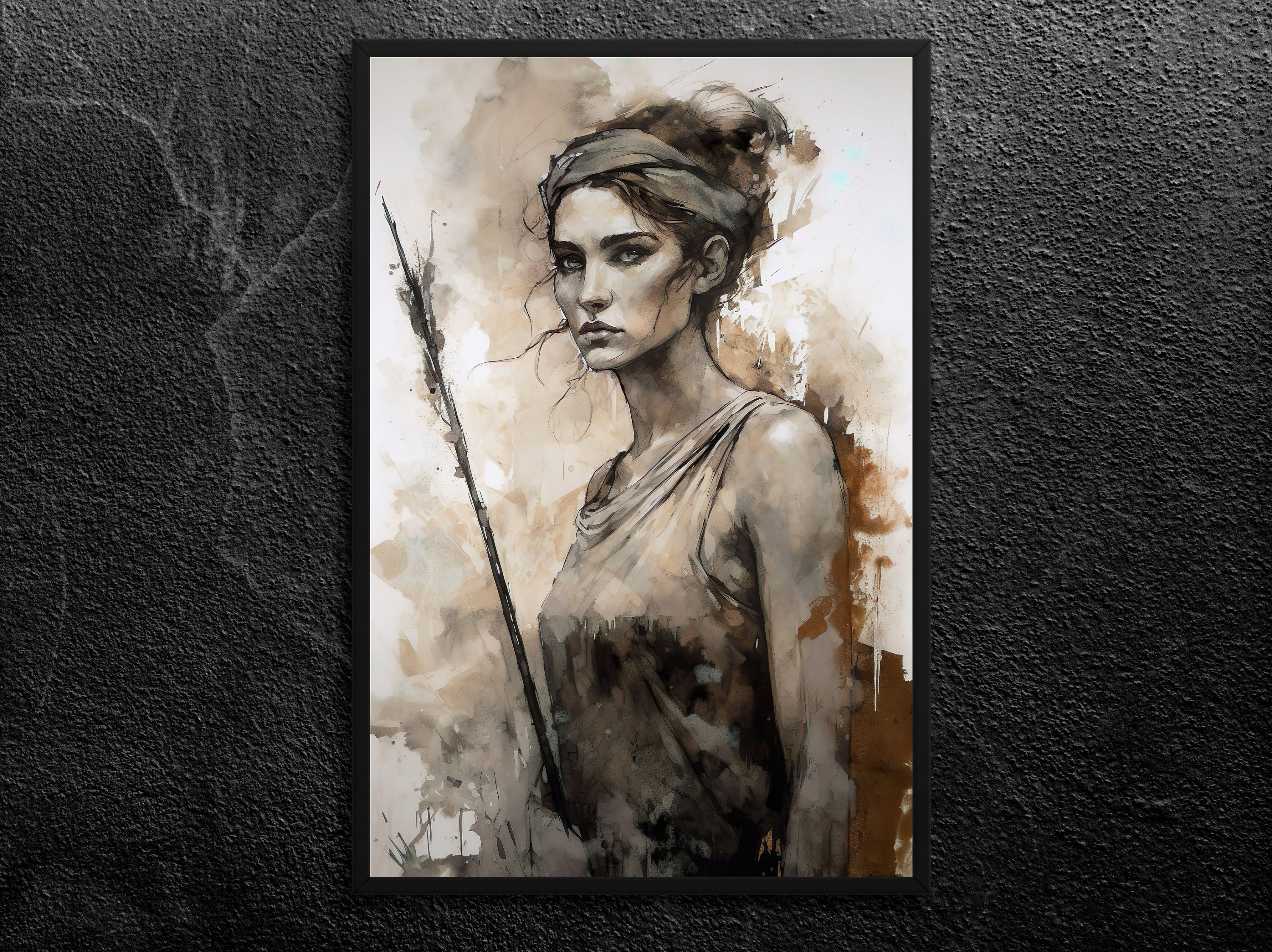 Goddess Diana: Protector of Women, Sovereign Huntress - Fierce Independence - Sepia Ink and Crayon, Roman Mythology Wall Art Print, Unframed