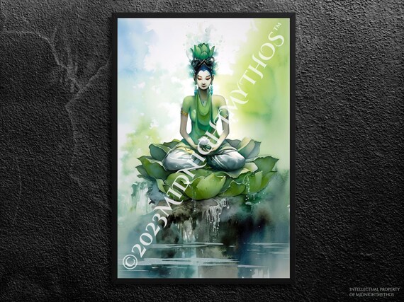 グリーンターラロータスプリント：チベット仏教の女神、ウォールアート