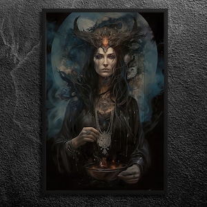 Powerful Hekate Portrait: Goddess of Witchcraft and Ghosts - Shadows and Smoke, Commanding and Mysterious - Wall Art Print, Unframed