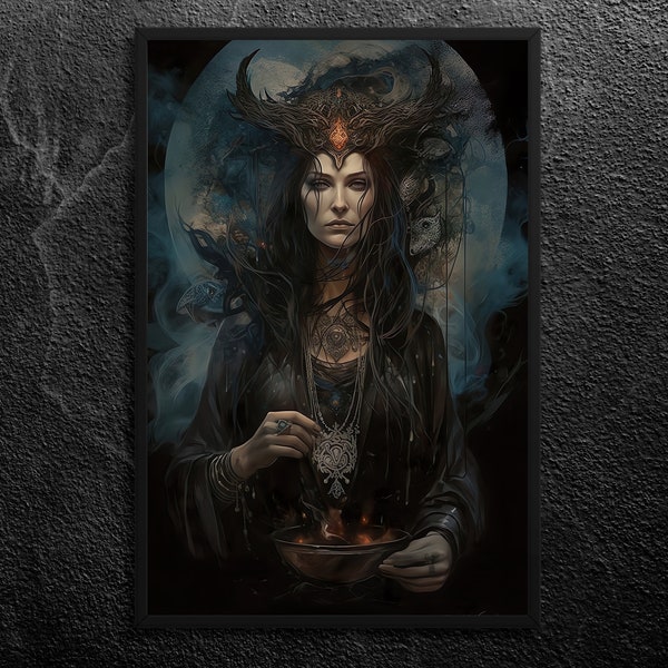 Powerful Hekate Portrait: Goddess of Witchcraft and Ghosts - Shadows and Smoke, Commanding and Mysterious - Wall Art Print, Unframed