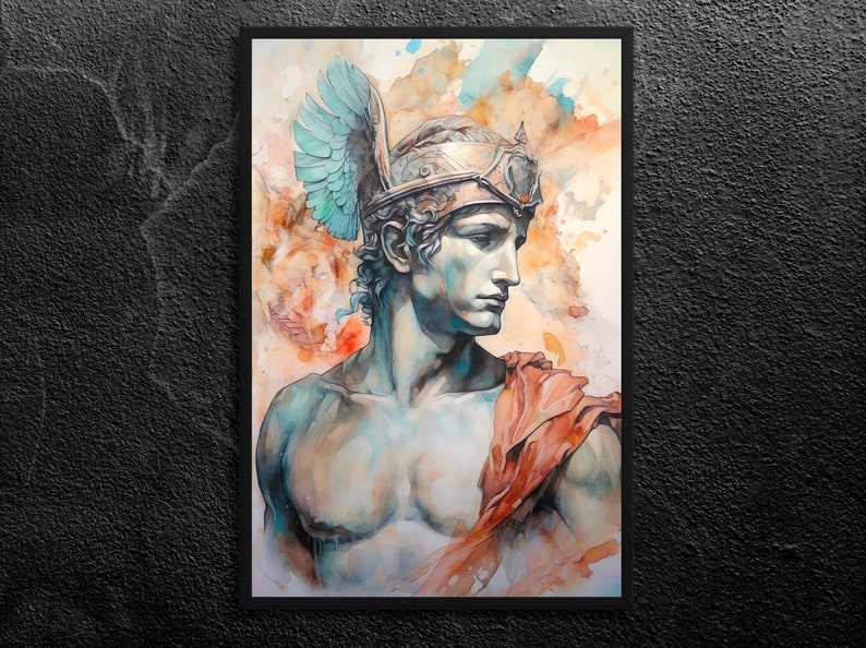 Hermes: Winged Messenger of Olympus Greek God Portrait, Divine Communication, Adventure Spirit, Classical Mythology Art Print, Unframed image 1