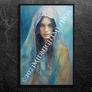 María Magdalena: resplandor azul suave y luminoso - Retrato femenino divino, lápiz y óleo, impresión de arte mural, sin marco