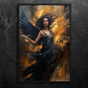 Goddess Nyx Portrait: Winged Goddess in Movement, Emotive - Greek Mythology - Oil and Charcoal Wall Art Print, Unframed
