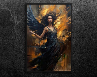 Goddess Nyx Portrait: Winged Goddess in Movement, Emotive - Greek Mythology - Oil and Charcoal Wall Art Print, Unframed