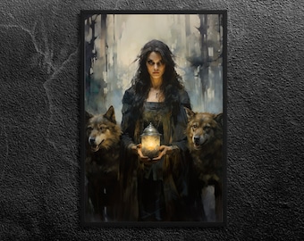 Hecate: Night's Guardian and Crossroads Deity (I) - A Guide In Darkness, Torch and Dogs, Greek Goddess, Mythology Art Print - Unframed