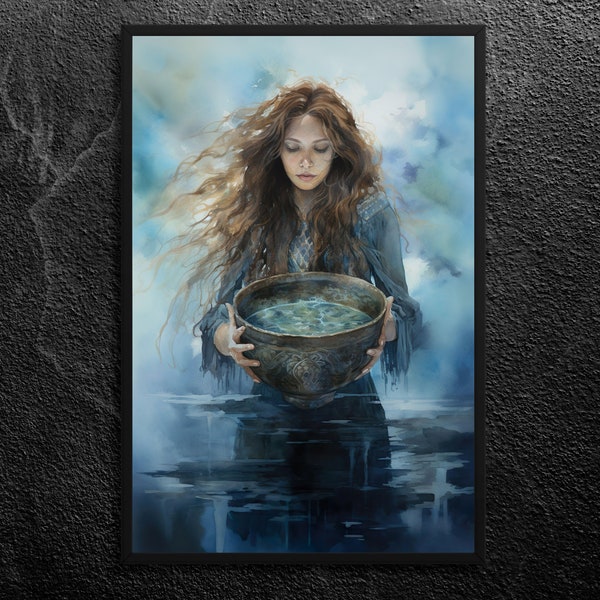 Danu: Goddess of Water, Rebirth, Fertility - Offering the Water of Life (I) - Calming Blue Irish Mythology Wall Art Print, Unframed