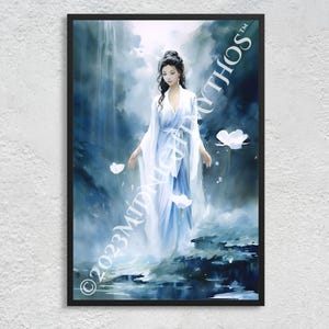 Guan Yin before a waterfall and pond (I): Goddess of Mercy - Serene, Pure, Illustration - Ancient Chinese Buddhism Wall Art Print, Unframed