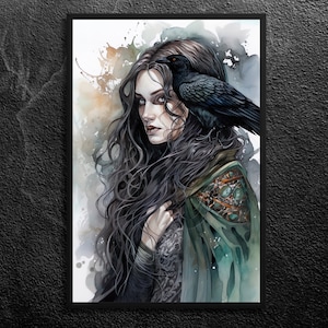 Morrigan Portrait: Keltische Göttin mit Rabe - Mythologie Wand Kunst Druck