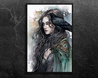 The Morrigan Portrait: Celtic War Goddess, Mysterious Primal Force, Raven - Celtic Mythology Wall Art Print, Unframed
