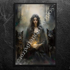 Hecate: Night&#39;s Guardian and Crossroads Deity (II) - A Guide In Darkness, Torch and Dogs, Greek Goddess, Mythology Art Print - Unframed