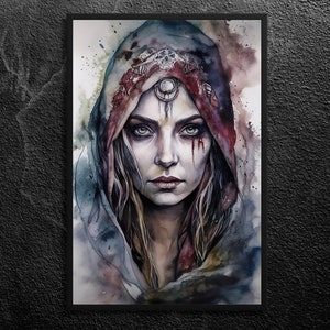 Mystical Hekate: Independent Witch - Hooded, Enigmatic, Veiled Power - Purple Watercolor Greek Mythology Wall Art Print, Unframed