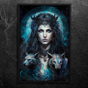Hecate Portrait: Commanding Allure - Protector, Goddess of Magic, Witchcraft, and Childbirth - Gothic Art, Wolves - Wall Art Print, Unframed