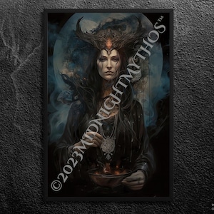 Powerful Hekate Portrait: Goddess of Witchcraft and Ghosts - Shadows and Smoke, Commanding and Mysterious - Wall Art Print, Unframed