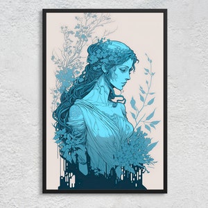 Persephone Art Print: Minimalist Greek Goddess Portrait, Floral Wall Art