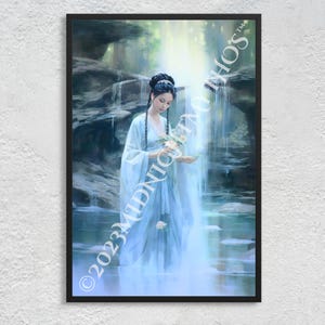 Guan Yin vor einem Wasserfall und Teich (III): Göttin der Barmherzigkeit - Gelassen, Rein, Illustration - Alte chinesische Buddhismus Wand Kunst Ungerahmt