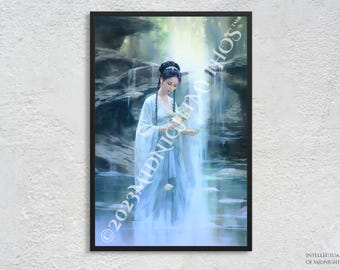 Impression d'art Guan Yin : déesse bouddhiste chinoise de la miséricorde, art mural cascade (sans cadre)