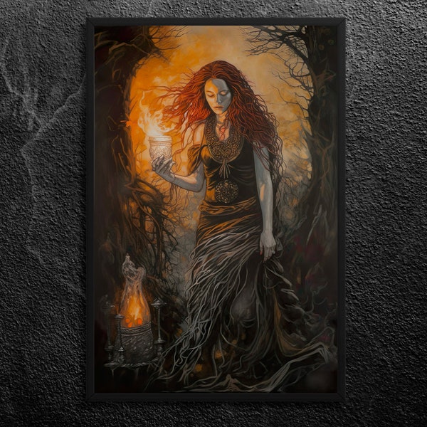 Keltische Göttin Brigid: Lichtführerin, Flammenträgerin, Heilerin - Dark Forest Grove Art Print, keltische Mythologie, Wandkunst, ungerahmt