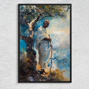 Mahatma Gandhi under the Tree of Thought: Quiet Resolve for Nonviolent Strength - Inner Peace and Moral Courage - Indian Art Print, Unframed