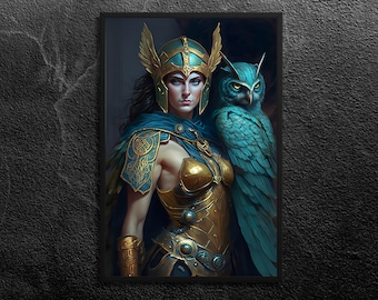 Athena Art Print: Greek Goddess of Wisdom, Warrior, Owl Wall Art (Unframed)