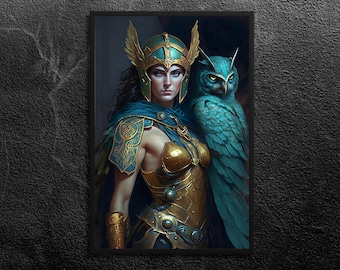 Athena Portrait: Warrior Greek Goddess, Full Armor with Owl - Commanding, Teal and Gold - Home Decor - Greek Mythology, Wall Art, Unframed