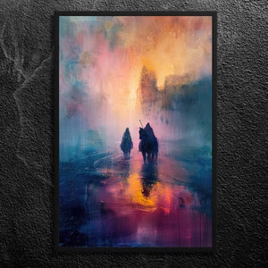 King Arthur and Merlin&#39;s Dawn Departure from Camelot: First Light - A Quest of Valor and Wisdom - Arthurian Legend Wall Art Print, Unframed