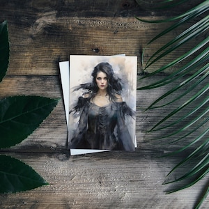 Marcador Morrigan 5x7: Guerra, Morte, Destino, Profecia - Transformação Expressionista, Corvos, Corvos, Cartão Postal com Impressão Artística da Mitologia Celta